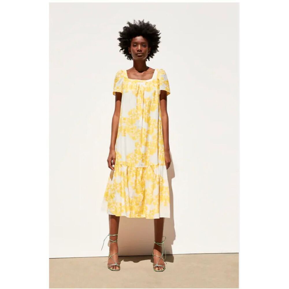 Zara Yellow & White Light Damask Square Neck Boho Midi Dress sz XS EUC